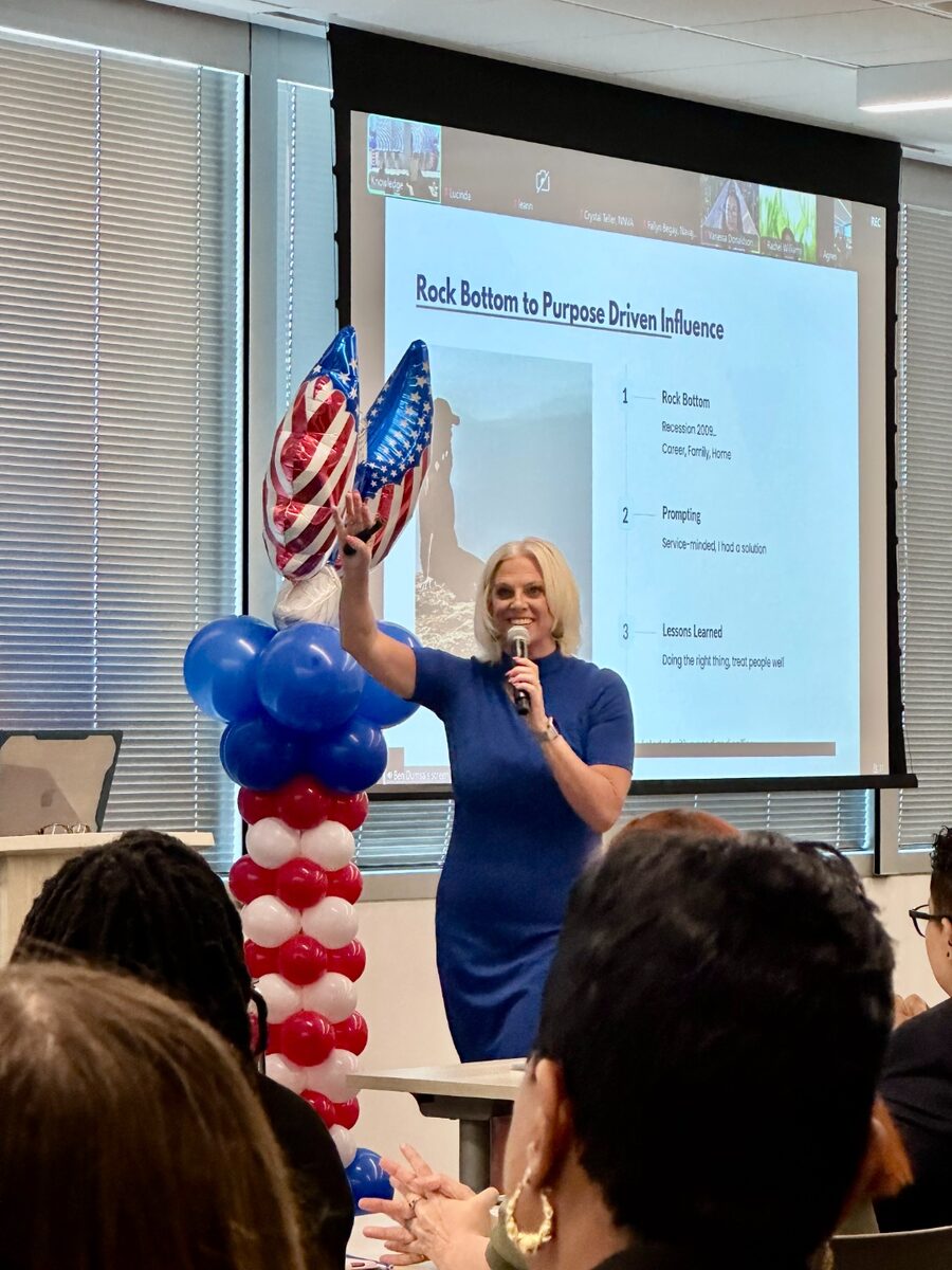 Jessica delivering Rock Bottom to Purpose Driven Influence presentation